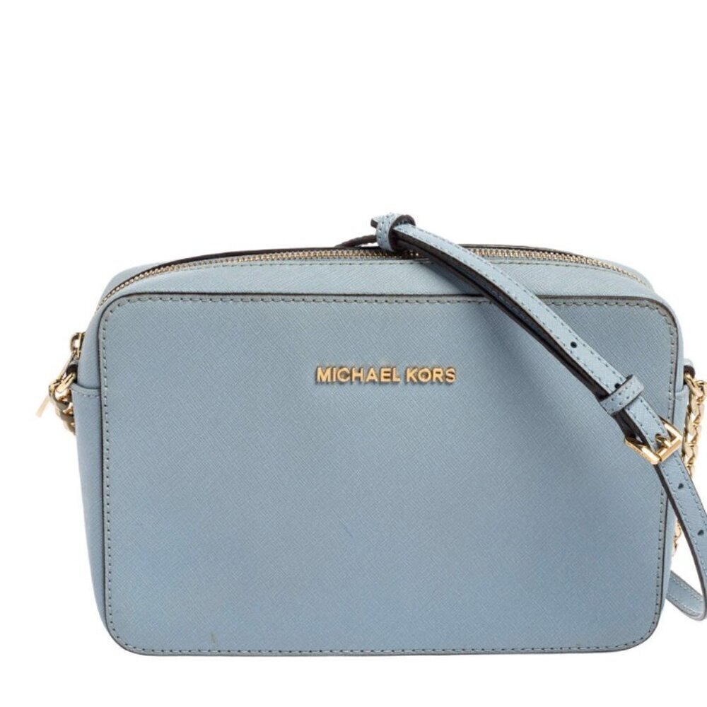 MICHAEL KORS JET SET SAFFIANO LEATHER CROSSBODY POWDER PALE BLUE Gold Hardware